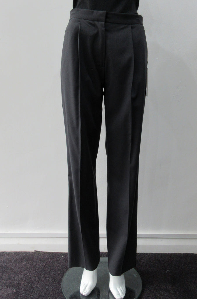 Fully tailored wool trouser with front single pleats. Deep charcoal colour. Paritally lined to mid-leg. Inseam 82cm, Outseam 100cm 100% Wool Lining: 100% Rayon Dry Clean Only
