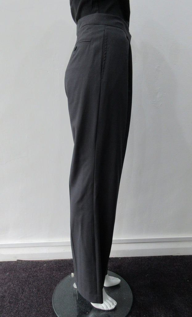 Fully tailored wool trouser with front single pleats. Deep charcoal colour. Paritally lined to mid-leg. Inseam 82cm, Outseam 100cm 100% Wool Lining: 100% Rayon Dry Clean Only