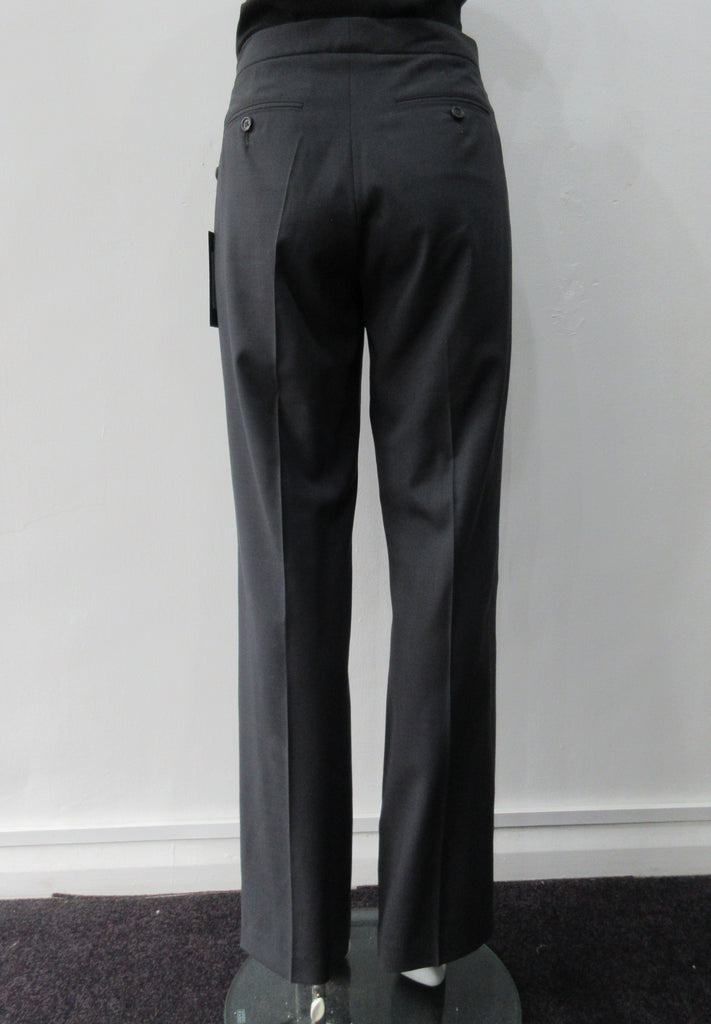 Fully tailored wool trouser with front single pleats. Deep charcoal colour. Paritally lined to mid-leg. Inseam 82cm, Outseam 100cm 100% Wool. Lining: 100% Rayon Dry Clean Only
