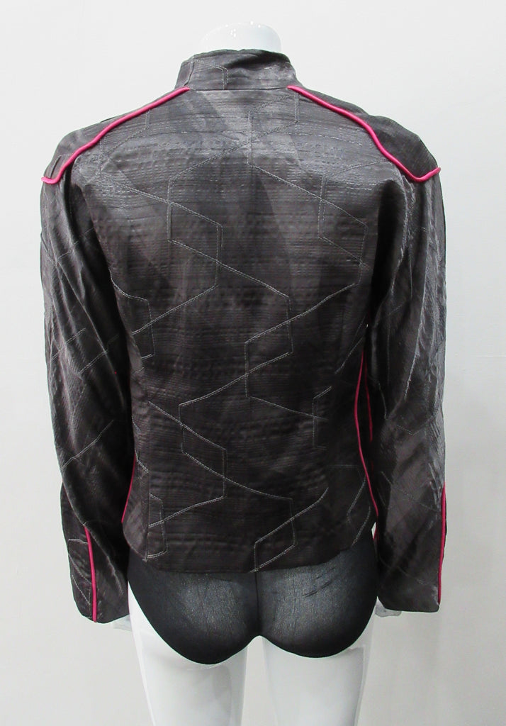 Side Zip Jacket. Assymetrical side front zip jacket featuring abstract stitching incorporated into the fabric for a geometric feel. Rich deep grey colour with pink piping accents on shoulder and sleeve panels. Fully lined. CB length 53cm. Sleeve length from side neck point 75cm. 400g approximate weight. 29% Nylon, 22% Viscose, 28% Cotton, 12% Linen, 2% Polyester. Lining: 100% Rayon. Dry Clean Only. Made in Canada