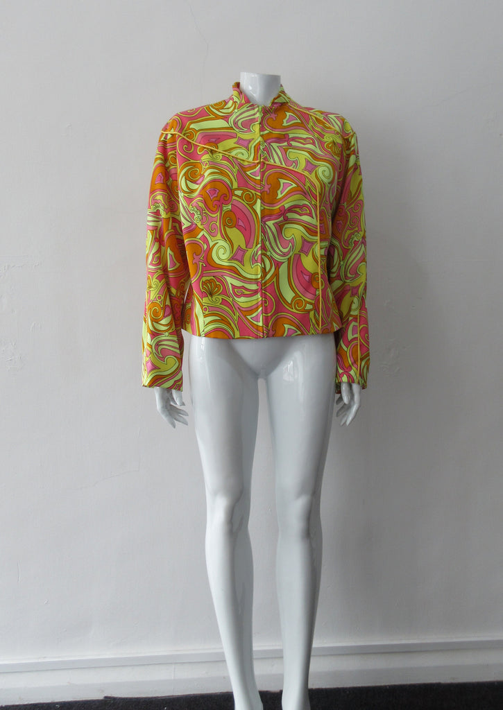 Bright Yellow Print Jacket. Bright loose fitting zippered jacket with 60's style yellow, pink and orange design. Chinese style piping trim accent in yellow satin piping. Fully lined. 100% Viscose. Lining: 100% Rayon, Dry Clean Only. Made in Canada, 240g approximate weight