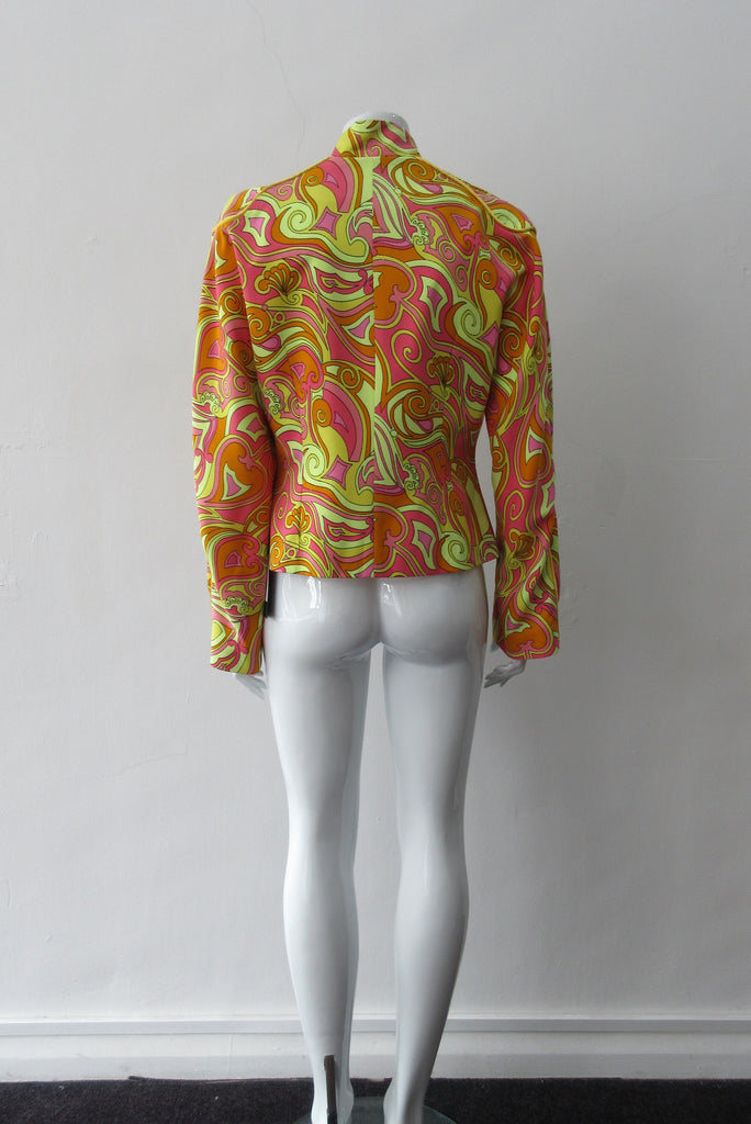 Bright Yellow Print Jacket. Bright loose fitting zippered jacket with 60's style yellow, pink and orange design. Chinese style piping trim accent in yellow satin piping. Fully lined. 100% Viscose. Lining: 100% Rayon, Dry Clean Only. Made in Canada, 240g approximate weight