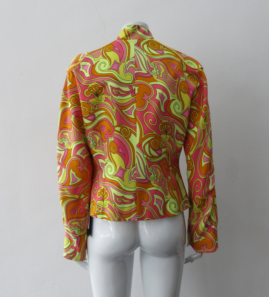 Bright Yellow Print Jacket. Bright loose fitting zippered jacket with 60's style yellow, pink and orange design. Chinese style piping trim accent in yellow satin piping. Fully lined. 100% Viscose. Lining: 100% Rayon, Dry Clean Only. Made in Canada, 240g approximate weight