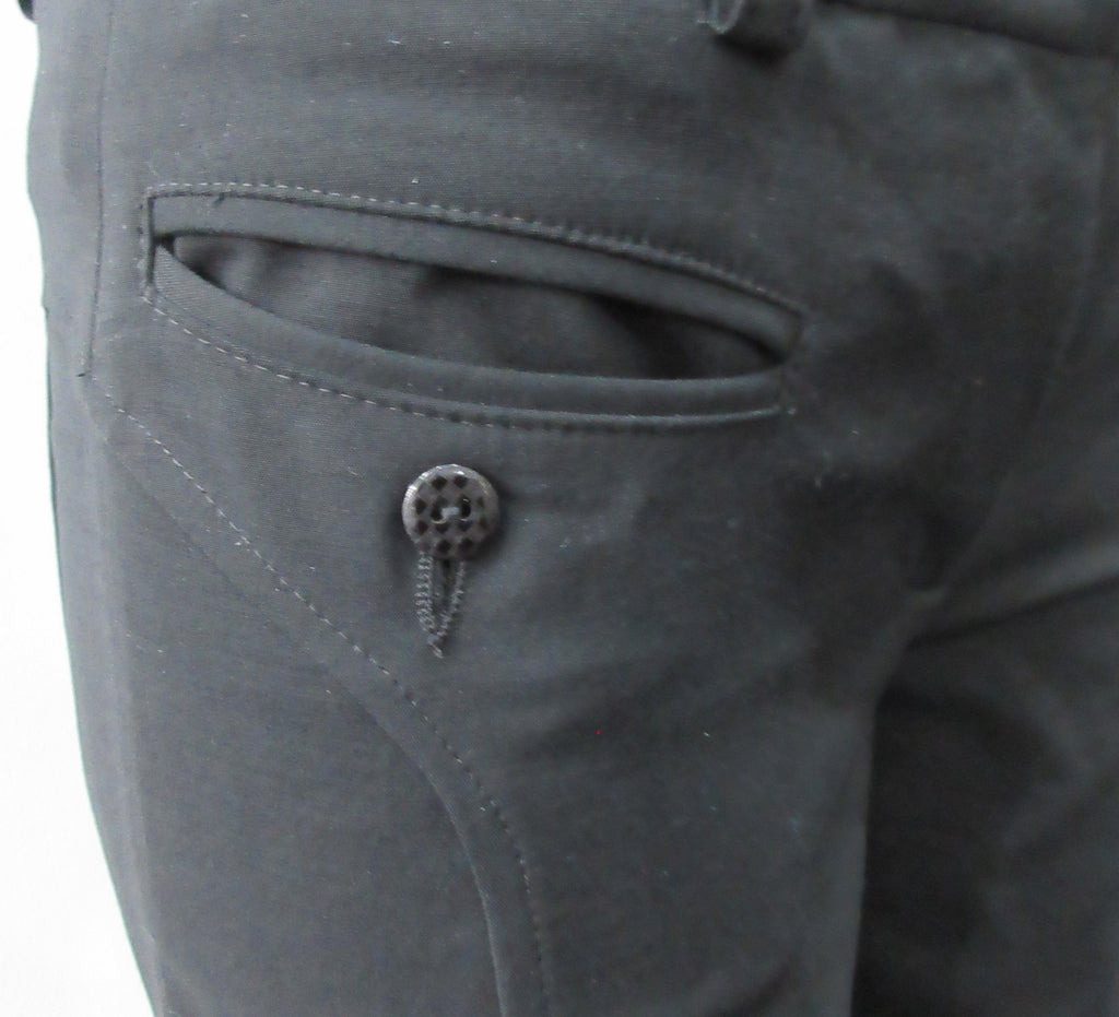 Fully tailored black slightly stretch trouser. Low-cut waist with side pockets above paneled seam. Size 8. Inseam 81.5cm, Outseam 100cm