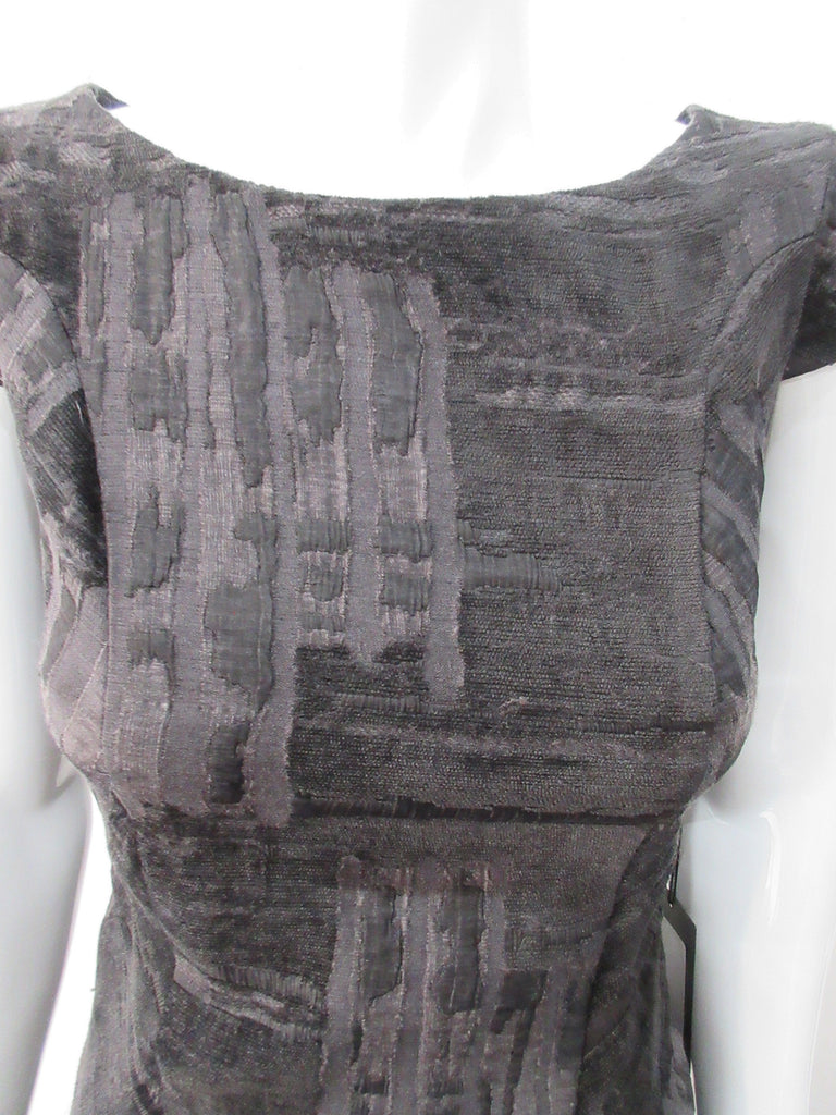 Sided Dress. A classic look with front piece with cross-cut side panels. Charcoal grey and black satin & velvet combination with cap sleeves. CB zipper fully lined