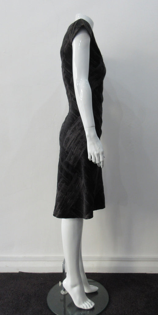 Sided Dress. A classic look with front piece with cross-cut side panels. Charcoal grey and black satin & velvet combination with cap sleeves. CB zipper fully lined