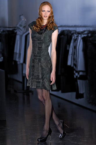 Sided Dress. A classic look with front piece with cross-cut side panels. Charcoal grey and black satin & velvet combination with cap sleeves. CB zipper fully lined