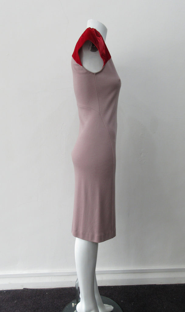 Contrast Yoke Dress, Soft Wool Jersey dress in light taupe with red velvet contrast yoke. Size 10. Dress length, 98cm from CB neck. 750g approximate weight. 100% Wool, Contrast: 100% Rayon. Made in England