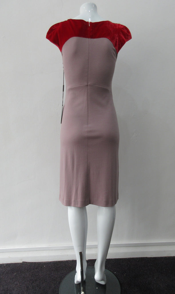 Contrast Yoke Dress, Soft Wool Jersey dress in light taupe with red velvet contrast yoke. Size 10. Dress length, 98cm from CB neck. 750g approximate weight. 100% Wool, Contrast: 100% Rayon. Made in England