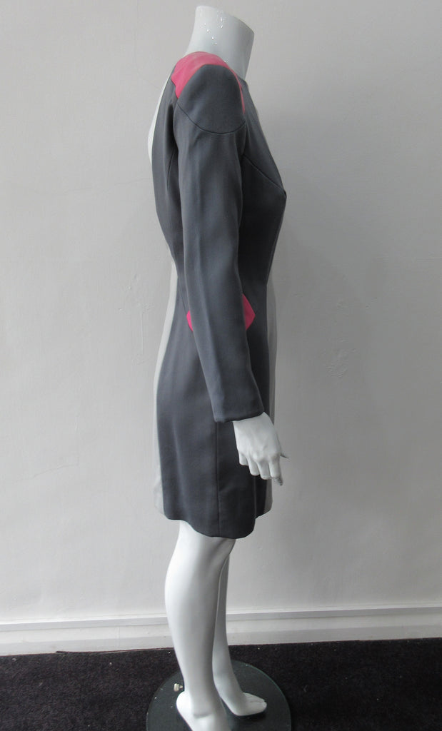 Complex Panelled Dress. Multi-panelled, multi-coloured wool dress in grey and pink panel accents. Very low back scoop to above waist. Dress length froom CF neckpoint 90cm. 650g approximate weight. Size 8. 100% Wool, Lining 100% Rayon, Dry Cean Only. Made in England