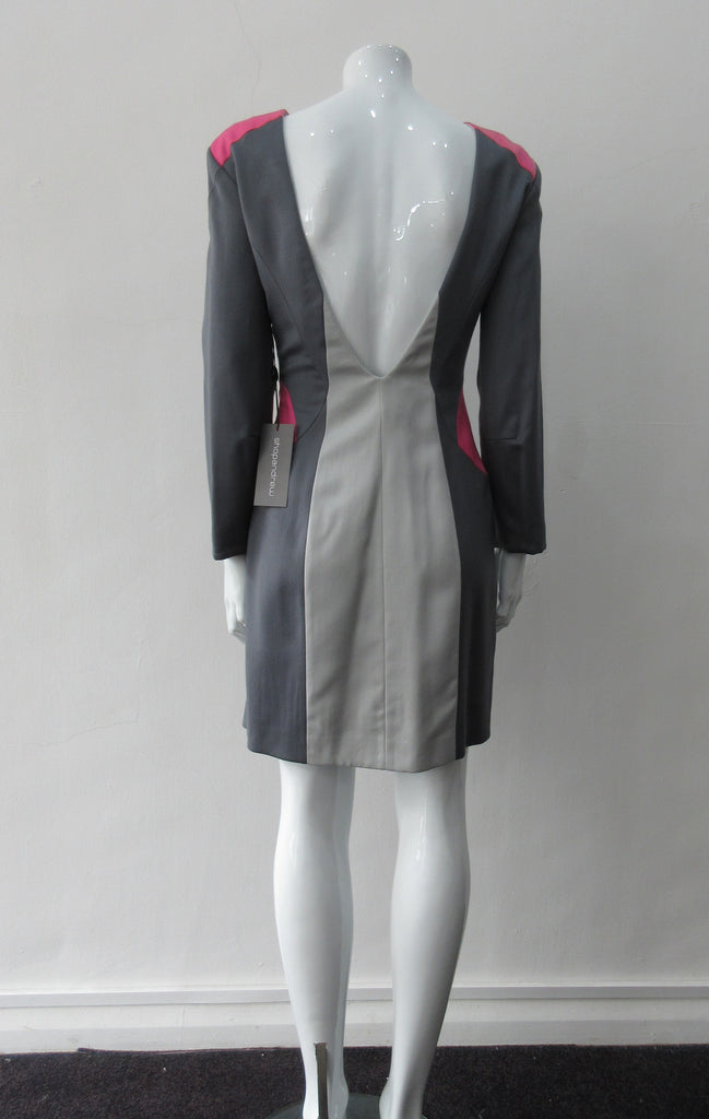 Complex Panelled Dress. Multi-panelled, multi-coloured wool dress in grey and pink panel accents. Very low back scoop to above waist. Dress length froom CF neckpoint 90cm. 650g approximate weight. Size 8. 100% Wool, Lining 100% Rayon, Dry Cean Only. Made in England