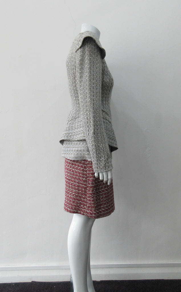 Pep Jacket. Front metal zip jacket in grey and white weave with extended cap at shoulder point. CB Length 63cm, Sleeve Length from shoulder point to hem 73cm. 600g approximate weight. Size 8. 45% Cotton, 35% Nylon, 15% Polyester, 5% Viscose Lining: 100% Rayon. Dry Clean Only, Made in Canada