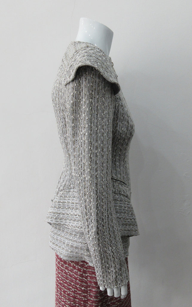 Pep Jacket. Front metal zip jacket in grey and white weave with extended cap at shoulder point. CB Length 63cm, Sleeve Length from shoulder point to hem 73cm. 600g approximate weight. Size 8. 45% Cotton, 35% Nylon, 15% Polyester, 5% Viscose Lining: 100% Rayon. Dry Clean Only, Made in Canada