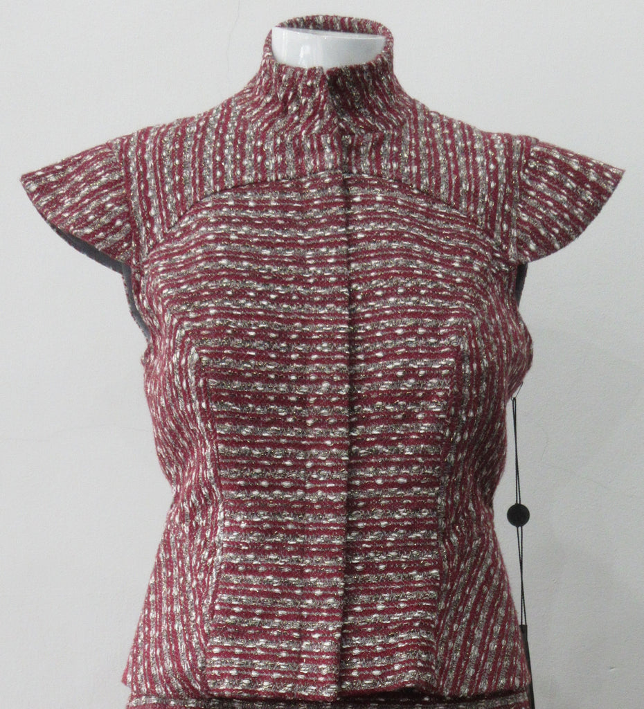 Sleeveless Jacket, Mid-Crop red & grey weave with extended cap at shoulder point for faux sleeve top. Matches with 110701 Yoke Skirt. CB Length 49cm. 450g approximate weight. Size 8. 45% Cotton, 35% Nylon, 15% Polyester, 5% Viscose Lining: 100% Rayon Dry Clean Only. Made in Canada