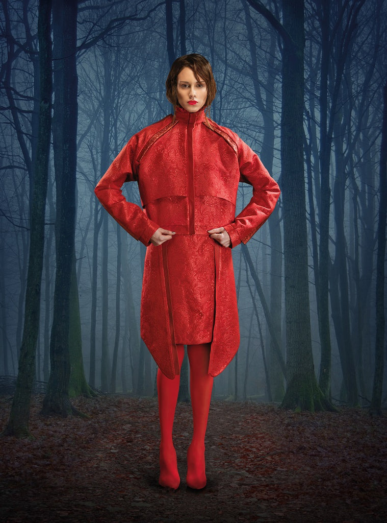 Rouge Jacket crop shiny texture jacquard model image photo picture