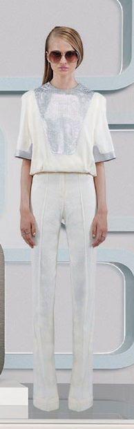 Mixed Shouldered Top blouse short sleeve beige silver shiny metallic soft jacquard model view image close-up photo picture