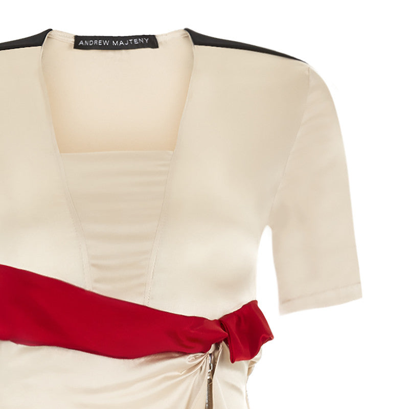 Light Flutter Dress long asymmetrical beige red silk stretch front close-up image photo picture