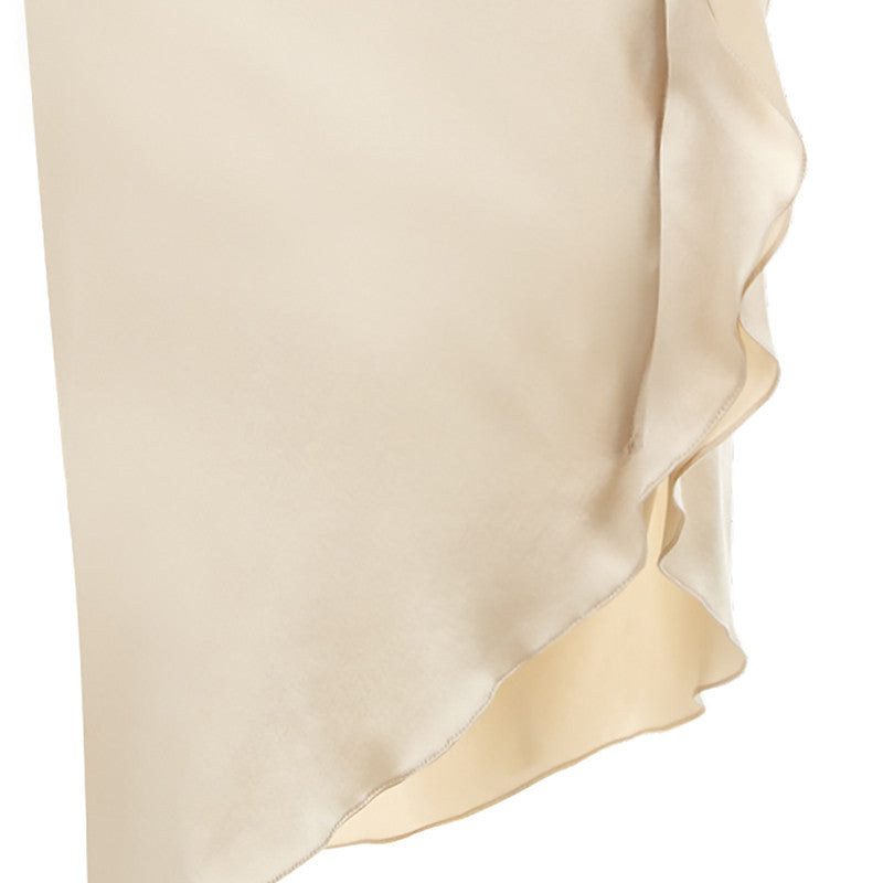 Light Flutter Dress long asymmetrical beige red silk stretch front close-up image photo picture