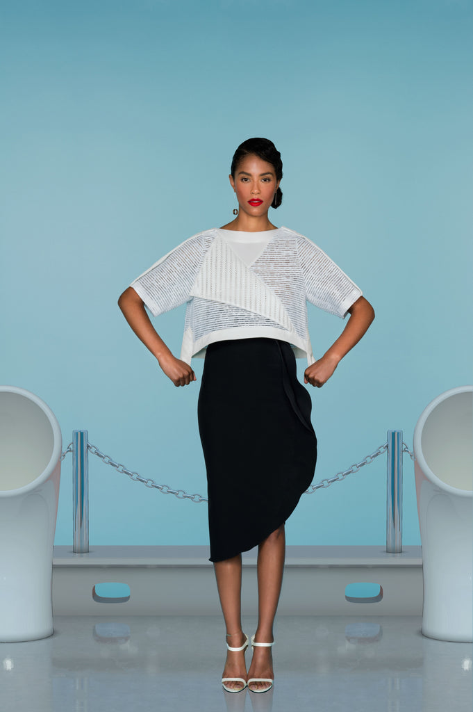 White Officer Crop top blouse solid texture stripe sleeves model image photo picture