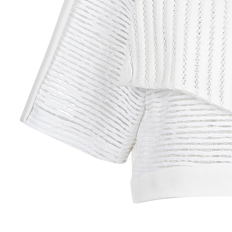 White Officer Crop top blouse solid texture stripe sleeves front close-up image photo picture