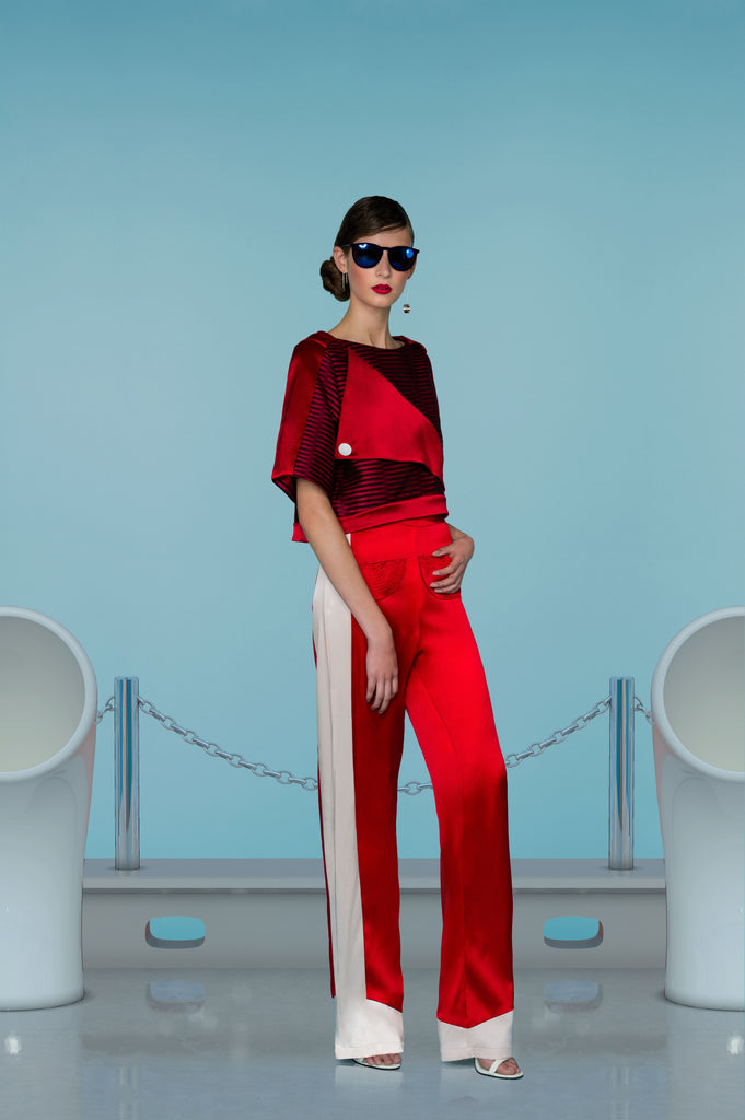 Red Officer Crop top blouse sleeves red solid stripe satin model image photo picture