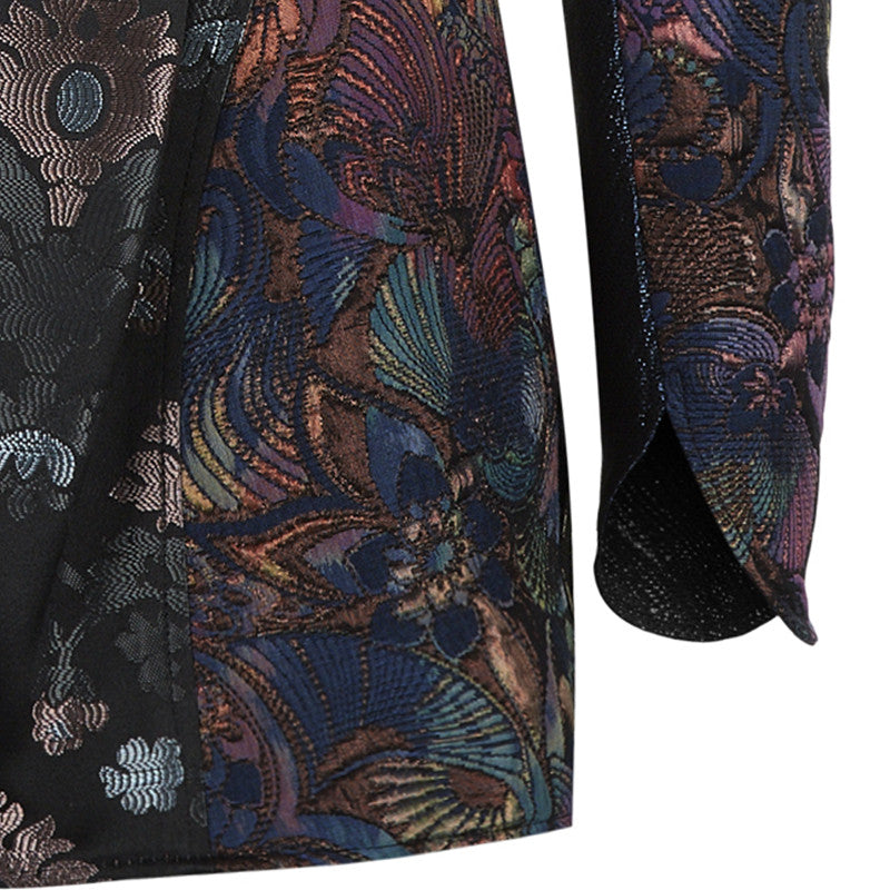 Romanov Jacket coat outerwear brass copper burgundy gold textured floral lapel close-up image photo picture