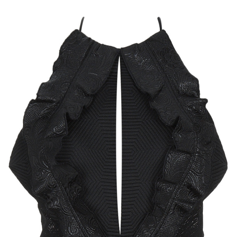 Dark sleeveless midi length dress reveals the side of bust ever so slightly. Black floral jacquard on the breast plate accented with shiny floral that curves around waist in a halter cut. Paired with the diamond print in this slight a-line dress. 55%Cotton, 45% Polyester. Contrast: 48% Acetate, 32% Cotton, 10% Viscose, 10% Lurex. Lining: 100% Rayon. Dry Clean Only. Made in England