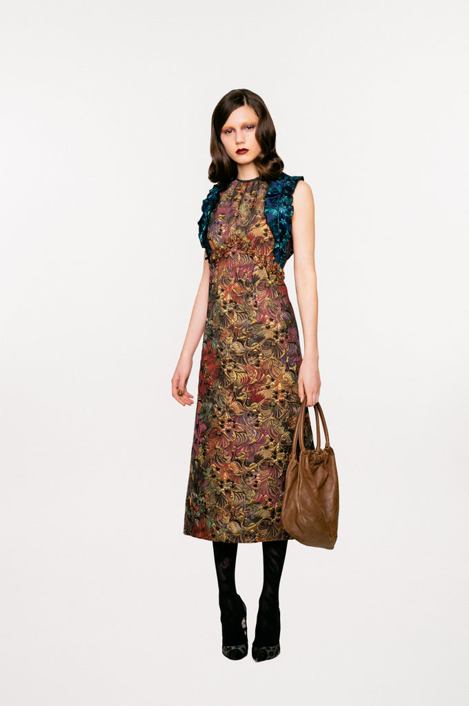 Vic Dress long sleeveless gold brass burgundy copper green trim floral jacquard front model image photo picture