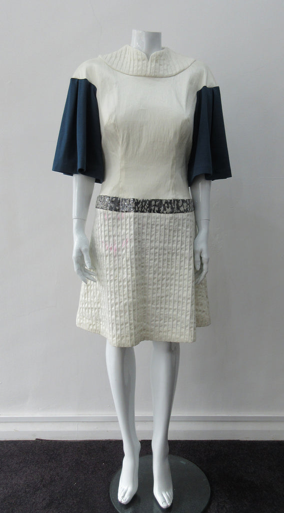 170602D -White Collared Swing Dress Blue Sleeves