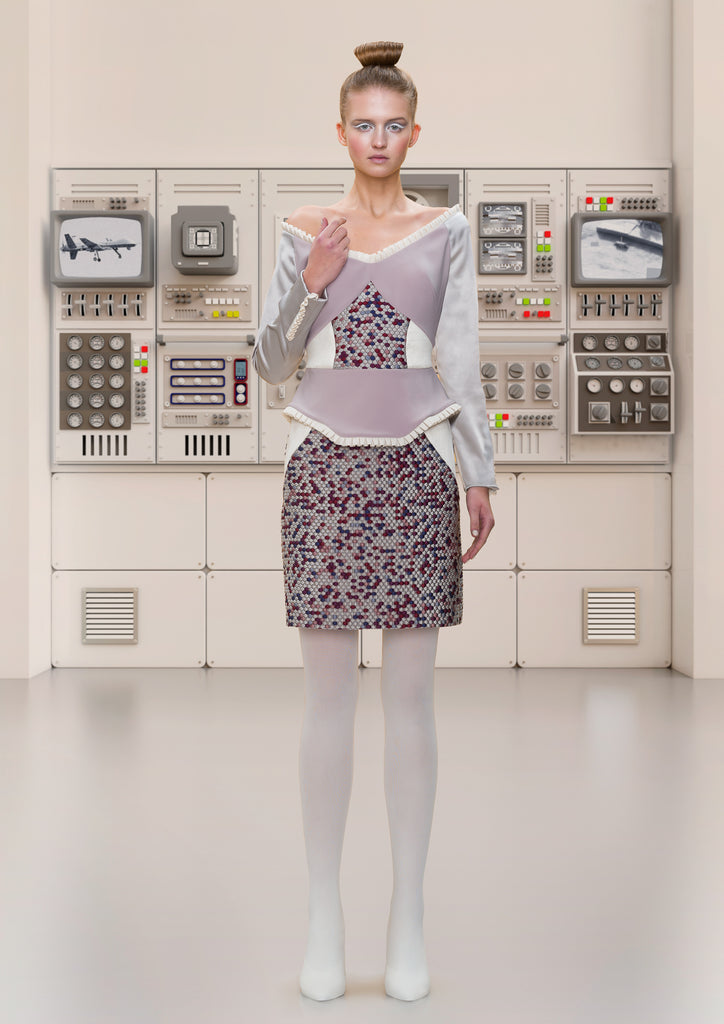 Drop Shoulder Dress peplum grey gray stretch contrast hexagon red beige blue pleated trim model photo picture