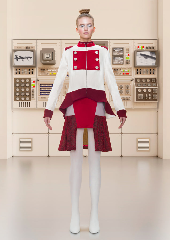 White Flap Jacket military style jacket in a cropped version, featuring red knit lapels. Textured folding buttoned lapels with a centre front zip closure. CB length 66cm.