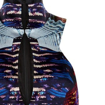 Zoom print dress long sleevelss evening gown burgundy red blue beige white front close-up image photo picture