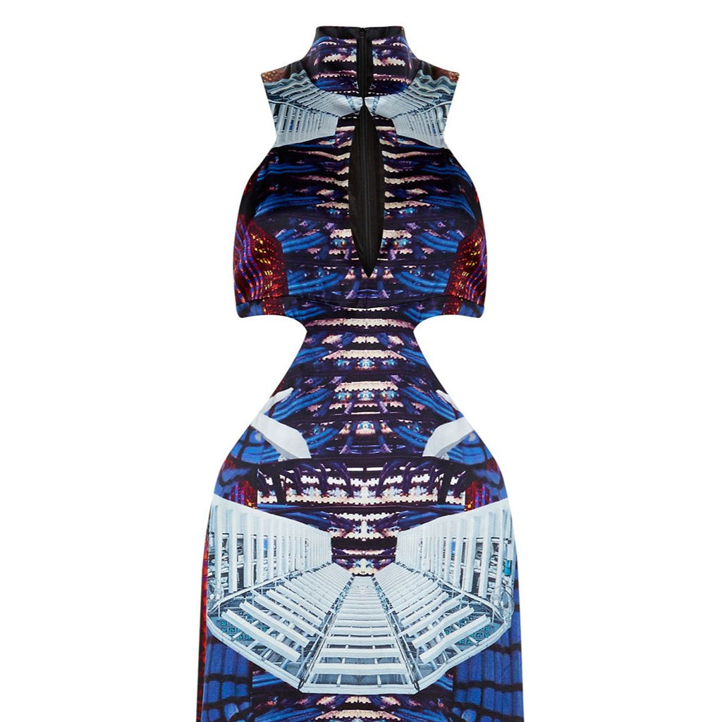 Zoom print dress long sleevelss evening gown burgundy red blue beige white front close-up image photo picture