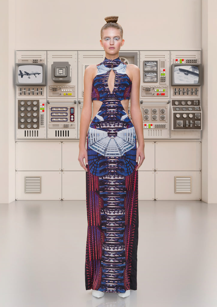 Zoom print dress long sleevelss evening gown burgundy red blue beige white model image photo picture