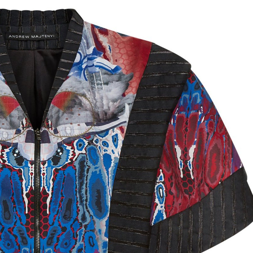 Print Cape long open backless black trim burgundy red blue beige white front close-up image photo picture