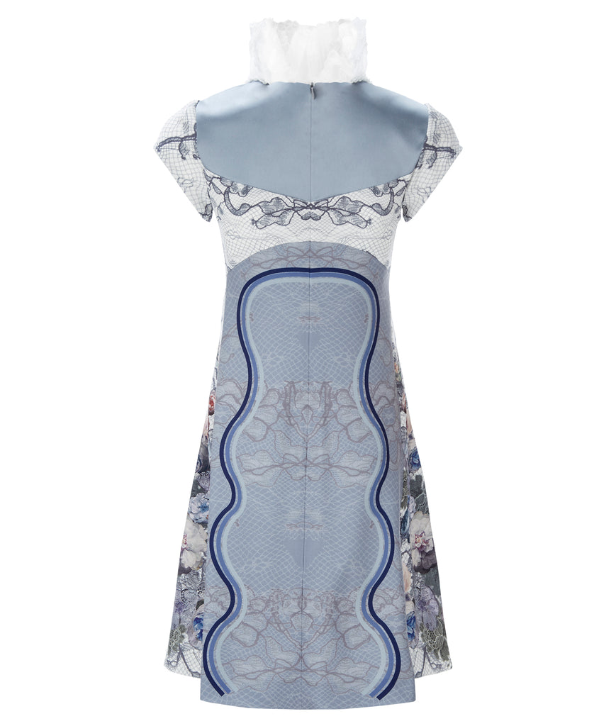 Print Square Squigglee Dress formal watercolours beige grey gray white lace collar panel back image photo picture