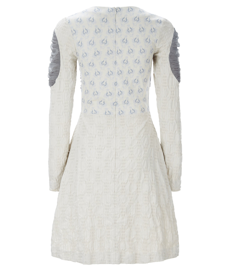 Ruched Dress Beige Textured sleeves stretch blue accents taupe ruche back image photo picture