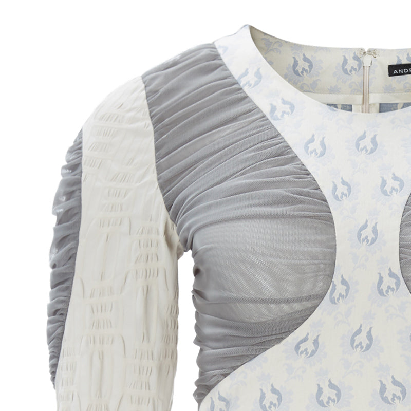 Ruched Dress Beige Textured sleeves stretch blue accents taupe ruche front close-up image photo picture