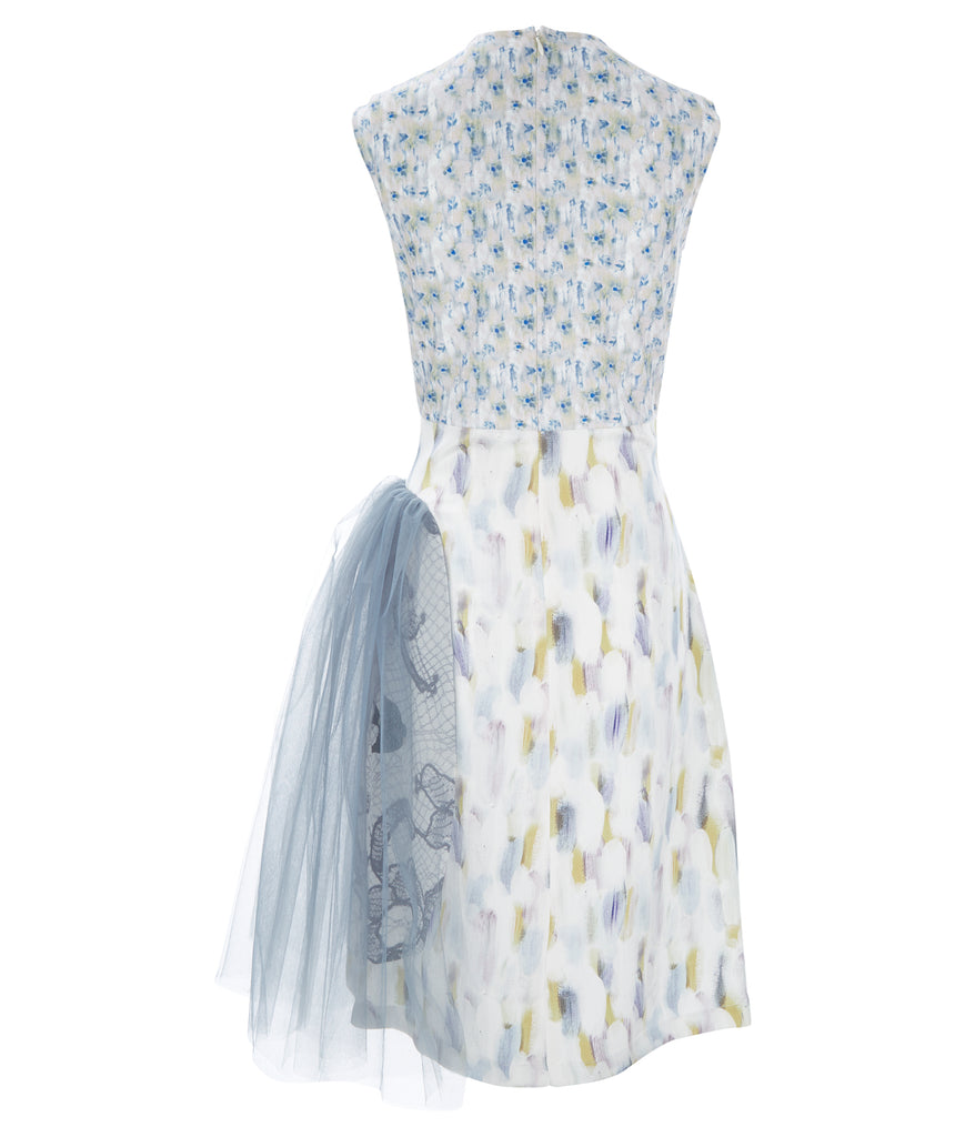 Printed sleeveless Wave Dress formal evening eveningwear watercolours beige blue pink taupe ruche grey tulle back image photo picture