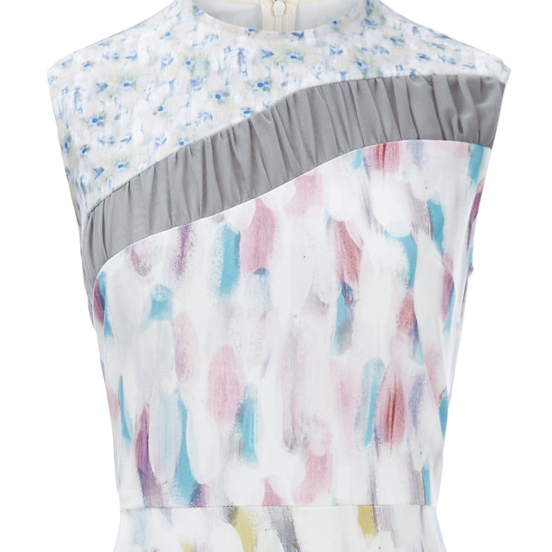 Printed sleeveless Wave Dress formal evening eveningwear watercolours beige blue pink taupe ruche grey tulle front close-up image photo picture