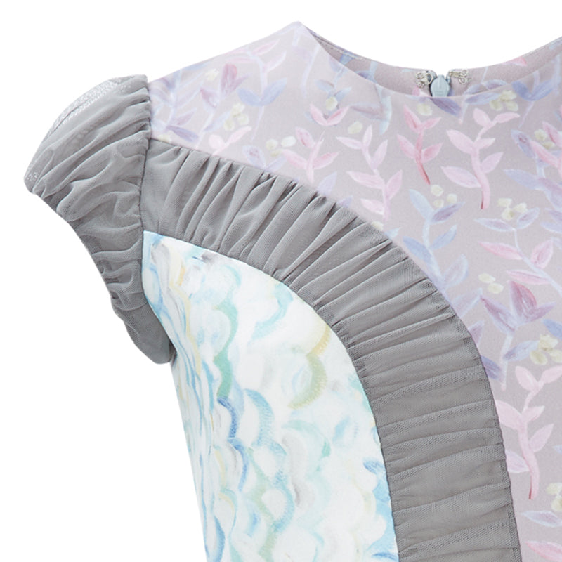 Printed Side Curve Dress stretch floral print burgundy red blue pink beige taupe ruche sleeve cap front close-up image photo picture