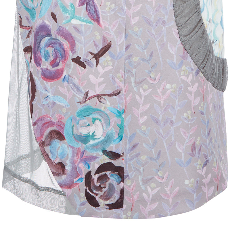 Printed Side Curve Dress stretch floral print burgundy red blue pink beige taupe ruche sleeve cap close-up image photo picture