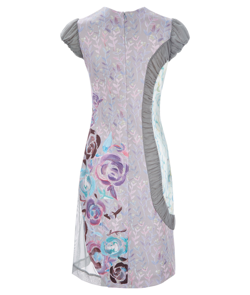 Printed Side Curve Dress stretch floral print burgundy red blue pink beige taupe ruche sleeve cap back image photo picture