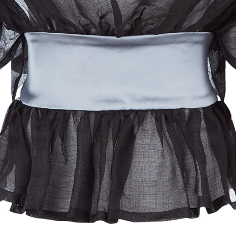 Contrast Dark Gathered Top blouse black grey gray panel cord toggle back close-up image photo picture