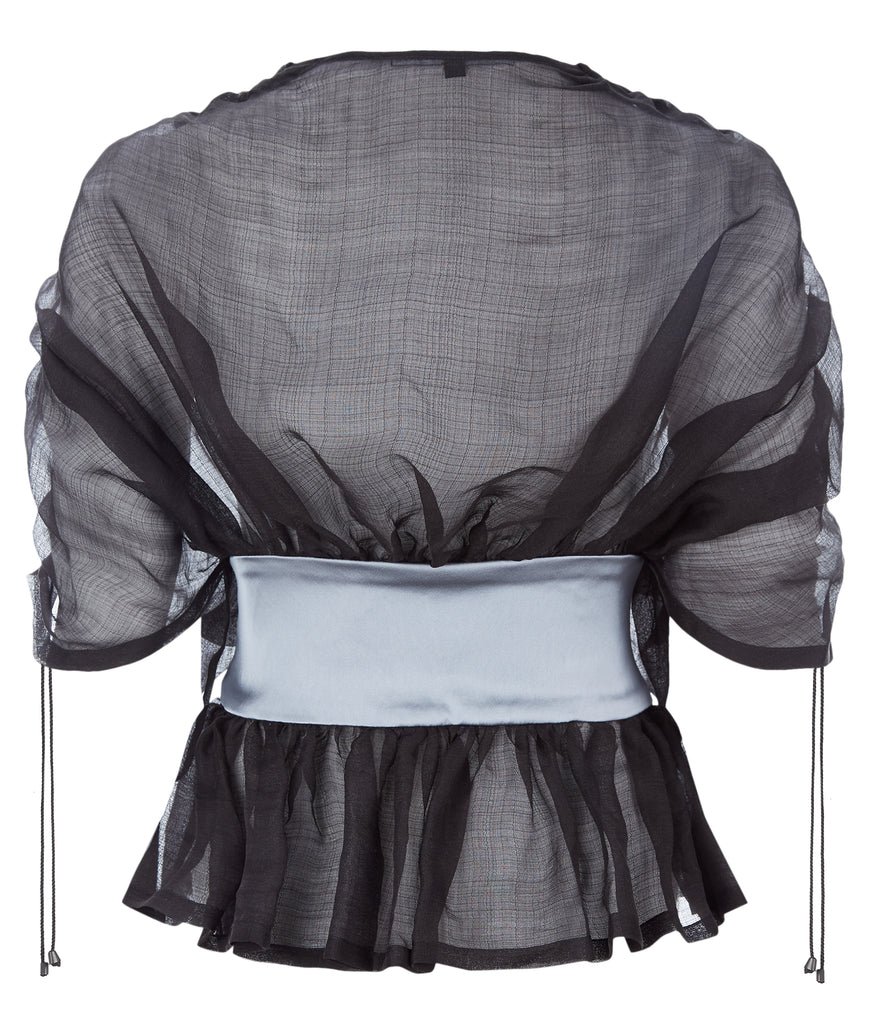 Contrast Dark Gathered Top blouse black grey gray panel cord toggle back image photo picture