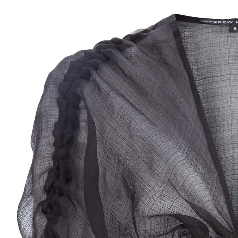 Contrast Dark Gathered Top blouse black grey gray panel cord toggle front close-up image photo picture