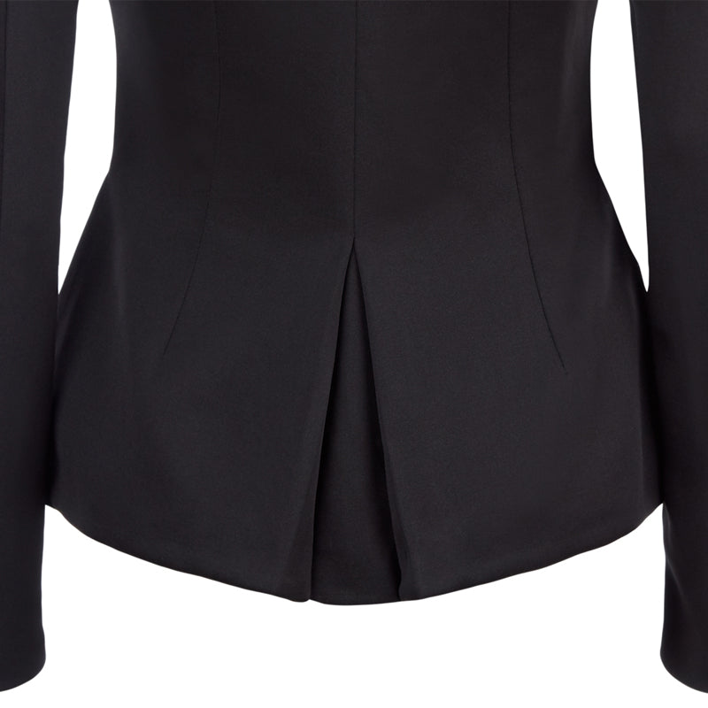 Dark Corset Jacket godet dropped neckline black stretch satin lower back close-up image photo picture