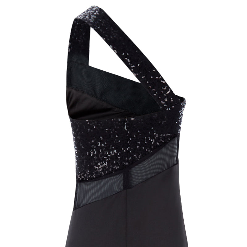 Black sequin and multipanel satin dress with black left thigh gathered tulle with clear bead accent, single strap and conceal zip closure. 62% Viscose, 3% Elastine, 35% Polyethylene. Contrast: 95% Polyester, 5% Spandex. Lining: 100% Viscose. Dry Clean only. Made in England