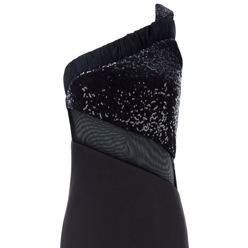 Black sequin and multipanel satin dress with black left thigh gathered tulle with clear bead accent, single strap and conceal zip closure. 62% Viscose, 3% Elastine, 35% Polyethylene. Contrast: 95% Polyester, 5% Spandex. Lining: 100% Viscose. Dry Clean only. Made in England