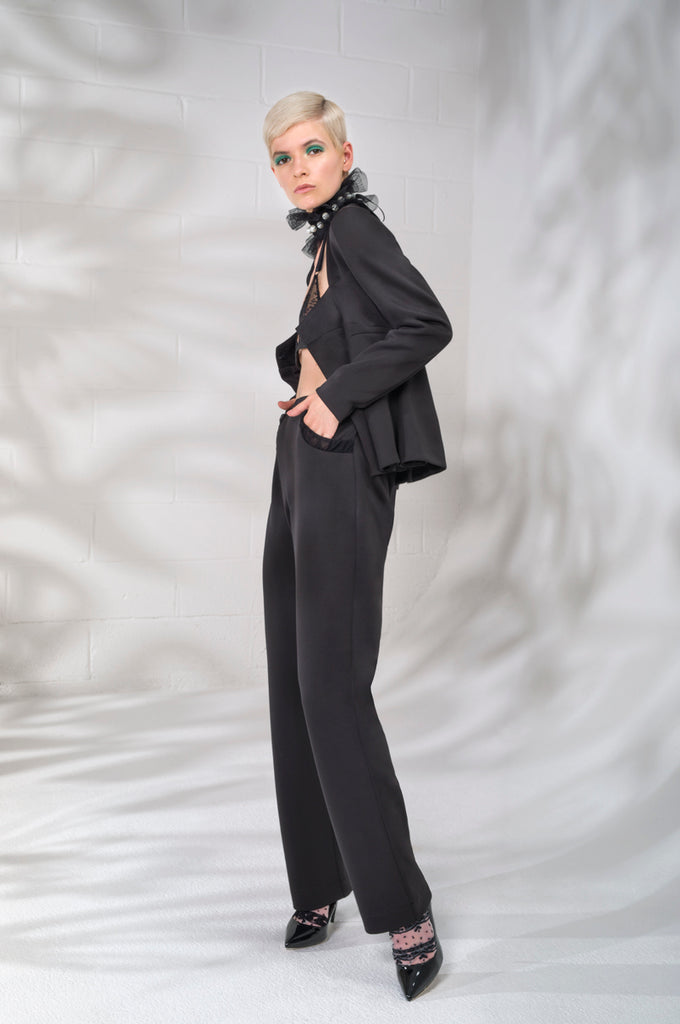 Dark Corset Jacket godet dropped neckline black stretch satin model image photo picture